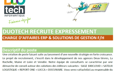 Recrutement d’un Chargé d’Affaires ERP & Solutions de Gestion F/H